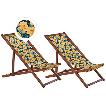 Set Of 2 Garden Deck Chairs Dark Acacia Wood Frame Floral Pattern Replacement Fabric Hammock Seat Reclining Folding Sun Lounger Beliani