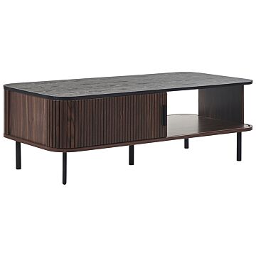 Coffee Table Dark Wood Finish 41 X 60 X 120 Cm Rustic Sliding Doors Cabinet Beliani