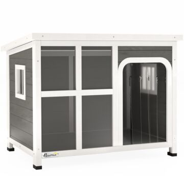 Pawhut Wooden Dog House Outdoor With Asphalt Openable Top, Removable Floor, Clear Front Panel, Curtain, 90 X 62 X 71cm