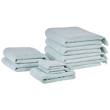 Set Of 9 Bath Towels Mint Terry Cotton Polyester Tassels Texture Bath Towels Beliani