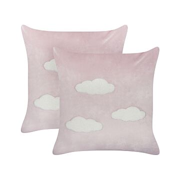 Set Of 2 Scatter Cushions Pink Velvet Polyester Fabric Clouds Pattern 45 X 45 Cm Pillows For Kids Beliani
