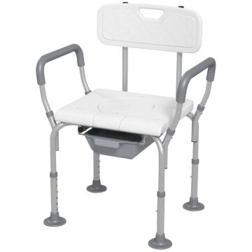 Homcom Height Adjustable Shower Stool With Arms And Back, Non-slip Bedside Commode With Detachable Bucket For Elderly, White