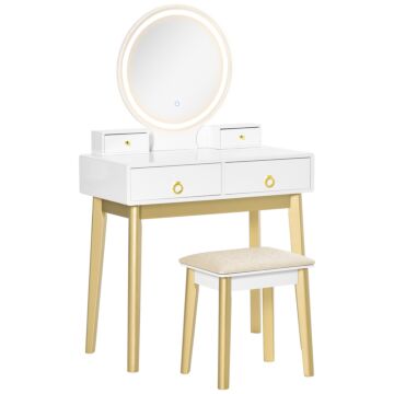 Homcom Dressing Table Set With Mirror, Built-in 3 Color Led Light, Vanity Makeup Table With 4 Drawers And Cushioned Stool For Bedroom, White