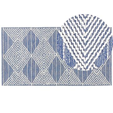 Area Rug Light Beige And Blue Wool Polyester 80 X 150 Cm Hand Woven Geometric Pattern Boho Living Room Bedroom Beliani