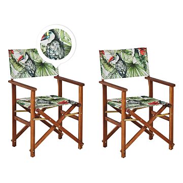 Set Of 2 Garden Director's Chairs Dark Wood With Off-white Acacia Toucan Pattern Replacement Fabric Folding Beliani