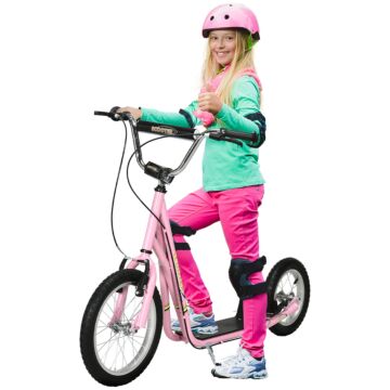 Homcom Teen Scooter Push Kick Scooters For Kids With Rubber Wheels Adjustable Handlebar Front Rear Dual Brakes Kickstand, For 5+ Years, Pink
