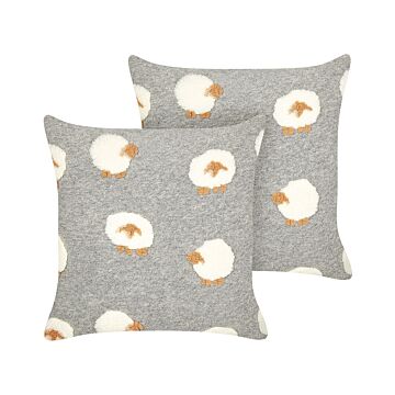 Set Of 2 Scatter Cushions Grey Polyester Fabric Animal Sheep Pattern 45 X 45 Cm Pillows For Kids Beliani