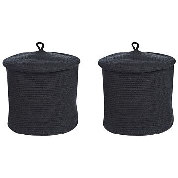 Set Of 2 Storage Baskets Black Cotton Striped With Lid Laundry Bins Boho Accessories Beliani