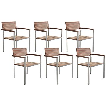 7 Piece Garden Dining Set Light Teak Wood Silver Metal Frame 6 Chairs Beliani