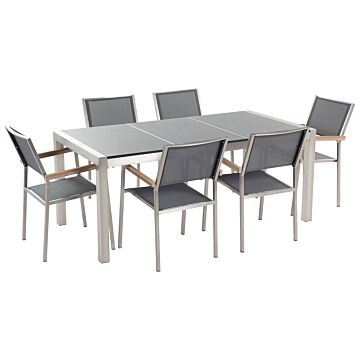 Garden Dining Set Grey With Grey Granite Table Top 6 Seats 180 X 90 Cm Triple Plate Beliani