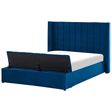 Eu Double Size Panel Bed Blue Velvet 4ft6 Slatted Base High Headrest With Storage Bench Beliani