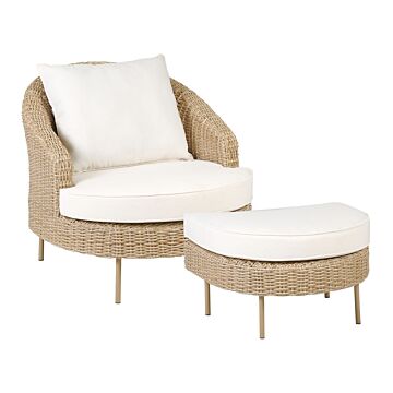 Garden Armchair With Footstool Nautral Shade White Cushions Pe Rattan Boho Design Outdoor Sitting Beliani