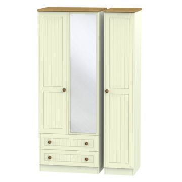 Warwick Tall Triple 2 Drawer Mirrored Wardrobe In Cream Ash & Modern Oak