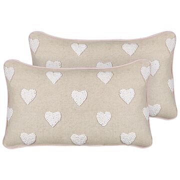 Set Of 2 Scatter Cushions Beige Cotton 30 X 50 Cm Embroidered Hearts Pattern Beliani