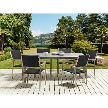 Garden Dining Set Black Granite Effect Tabletop Glass Stainless Steel Frame Set Of 6 Chairs Pe Rattan Seats Modern Outdoor Style Beliani