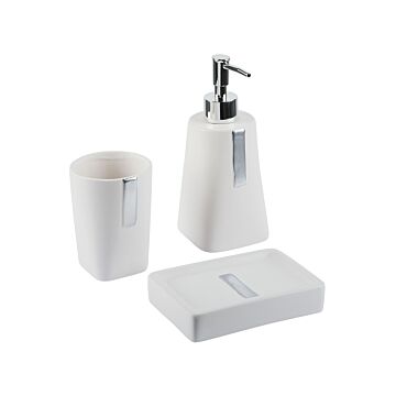 3-piece Bathroom Accessories Set Beige Dolomite Glam Soap Dispenser Soap Dish Toothrbrush Holder Cup Beliani