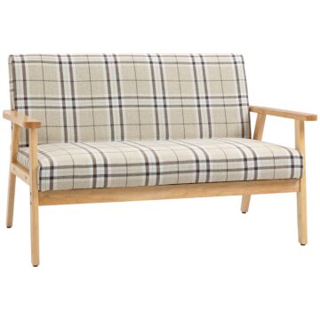 Homcom Compact Loveseat Couch Double Seat Sofa With Lattice Pattern And Rubber Wood Frame Beige And Coffee