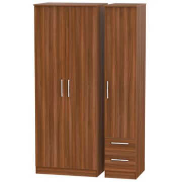 Contrast Tall Triple Plain + Drawer Wardrobe In Noche Walnut