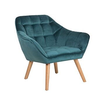 Armchair Teal Blue Velvet Fabric Upholstery Glam Accent Chair With Wooden Legs Beliani