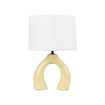 Table Lamp Yellow Ceramic Polyester Cotton Drum Shaped Shade Half-round Base Minimalistic Design Beliani