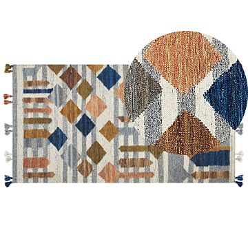 Kilim Area Rug Multicolour Wool And Cotton 80 X 150 Cm Handmade Woven Boho Geometric Pattern With Tassels Beliani