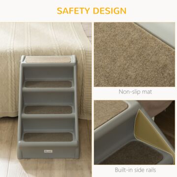 Pawhut Foldable Pet Stairs, 4-step For Cats Small Dogs With Non-slip Mats, 62 X 38 X 49.5 Cm, Grey