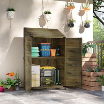 Outsunny Lean To Wooden Garden Shed, Garden Tool Storage Shed With Double Doors And Shelves, Outdoor Storage Cabinet For Patio Deck Garden, Green
