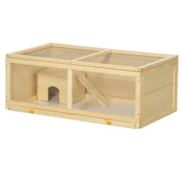 Pawhut Wooden Hamster Cage With Sliding Tray, Openable Top, Hut For Syrian Hamsters, Natural Wood