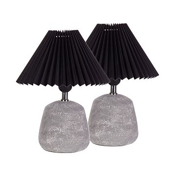 Set Of 2 Table Lamps Black And Grey Ceramic Base Pleated Synthetic Shade Bedside Table Night Light Beliani