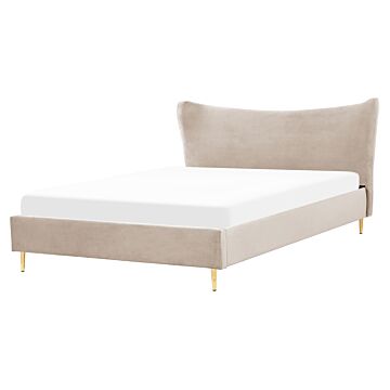 Eu King Size Bed Taupe Velvet 5ft3 Upholstered Frame Metal Legs Slatted Base Headboard Modern Glam Style Bedroom Beliani