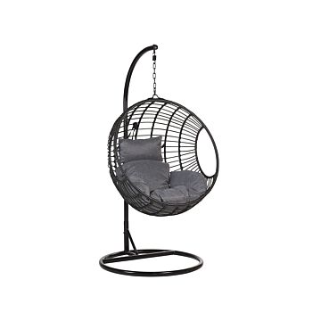 Hanging Chair Black Rattan Round Wicker Basket With Cushions Metal Frame Boho Beliani