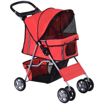 Pawhut Pet Stroller Dog Pram Foldable Dog Pushchair Cat Travel Carriage W/ Wheels, Zipper Entry, For Small Pets, Red