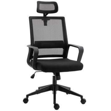 Homcom Mesh Swivel Office Chair With Adjustable Headrest, Lumbar Support, Home Task High Back Chair Adjustable Height, Black