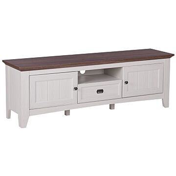 Tv Stand Cream With Dark Wood For Up To 75ʺ Tv Media Unit With 2 Cabinets Drawer Shelf Beliani