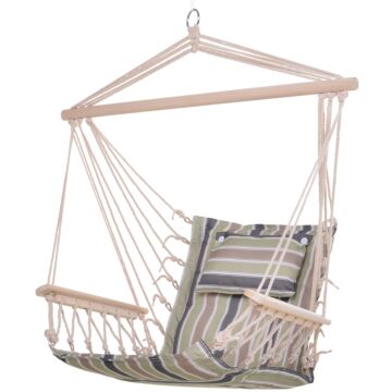 Outsunny Garden Outdoor Hanging Hammock Chair Thick Rope Frame Wooden Arms Safe Wide Seat Garden Outdoor Spot Stylish Multicoloured Stripes