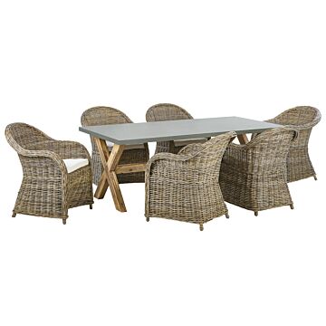 Garden Dining Set Natural Concrete Table 6 Rattan Wicker Chairs With Cotton Cushions Beliani