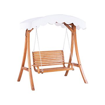 Garden Swing Seat Larch Wood Frame White Fabric Outdoor 2-seater With Canopy Freestanding Beliani
