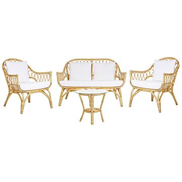 4 Seater Garden Sofa Set Beige Rattan Sofa 2 Armchairs And Round Coffee Table Glass Top Beliani