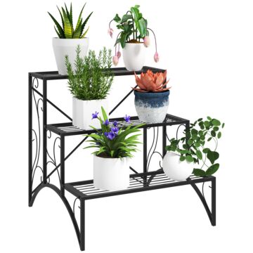Outsunny 3-tier Metal Plant Stand, Vintage Ladder Shelf Flower Pot Holder For Indoor Outdoor, Display Shelf Rack For Garden Patio Balcony, Black