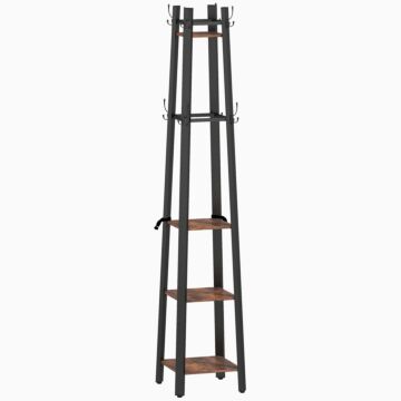 Homcom Industrial Coat Stand With 8 Hooks And 4 Shelves - Rustic Brown