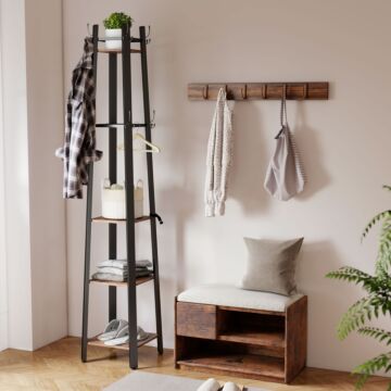 Homcom Industrial Coat Stand With 8 Hooks And 4 Shelves - Rustic Brown