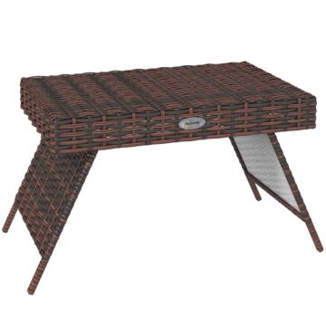 Outsunny Foldable Outdoor Coffee Table, Steel Frame Rattan Side Table, Coffee Table Side Table For Garden, Brown