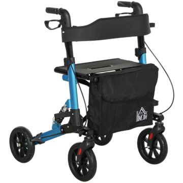 Homcom Folding Rollator Walker With Seat, Backrest, Lightweight Walking Frame With Storage Bag, Dual Brakes, Adjustable Handle Height, Suspension System, 4 Wheeled Walker For Seniors, Blue