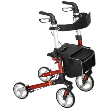 Homcom Folding Rollator Walker With Seat And Backrest, Walking Frame With Storage Bag, Dual Brakes, Adjustable Handle Height, Cane Holder, 4 Wheeled Walker, Red