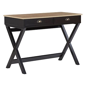 Home Office Desk Black And Light Wood 103 X 50 Cm With Drawers Cross Legs Beliani