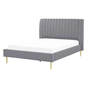 Eu Double Size Panel Bed 4ft6 Grey Velvet Slatted Base High Headrest Vintage Beliani