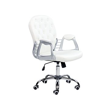 Office Chair White Faux Leather Gas Lift Height Adjustable Button With Tufted Backrest And Full Swivel Beliani