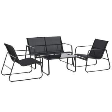 Outsunny 4 Piece Garden Furniture Set Outdoor Patio Sofa Set With Double Chair, Single Chairs And Glass Top Table For Terrace And Balcony, Black