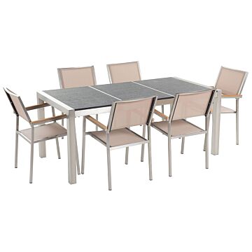 Garden Dining Set Beige With Flamed Basalt Table Top 6 Seats 180 X 90 Cm Triple Plate Beliani