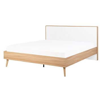 Slatted Bed Frame Light Manufactured Wood And White Headboard 4ft6 Eu Double Size Scandinavian Design Beliani